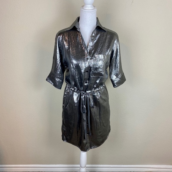 BCBGMaxAzria Silver Gunmetal Metallic Belt Tie Cinched Button Down Dress - Picture 7 of 14